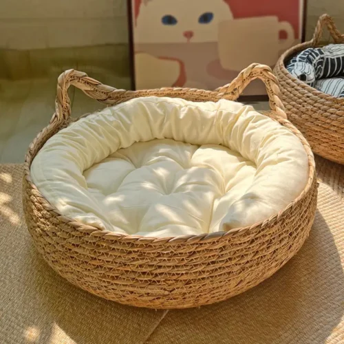 OUZEY Rattan Weaving Cat Basket Pet Cat Bed With Cushion Soft Warm Puppy Kitten Bed Donut Round Comfortable Sleeping Cat Housewarm